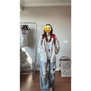 cleanfit美式复古潮牌慵懒风帽衫拼接撞色卫衣外套男秋季连帽开衫图片