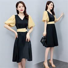 法式气质连衣裙女夏2022新款洋气减龄收腰显瘦拼接撞色中长款裙子，女装连衣裙，辉之琳