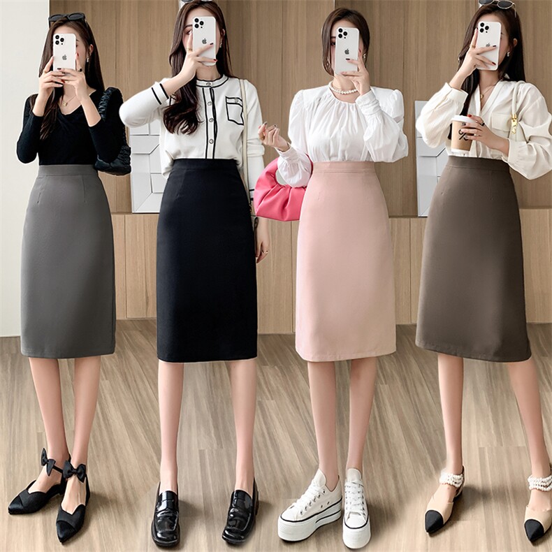 半身裙中长款2024春秋季时尚百搭中裙包臀裙简约后开叉裙子，女装半身裙，梦白服饰厂