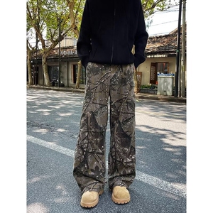 美式高街迷彩多口袋工装裤男直筒宽松阔腿褶皱军绿休闲裤图片