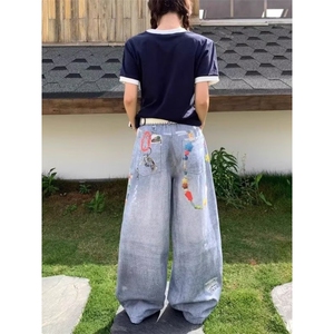 小众设计感个性涂鸦牛仔长裤男女宽松直筒中腰阔腿微喇拖地老爹裤图片