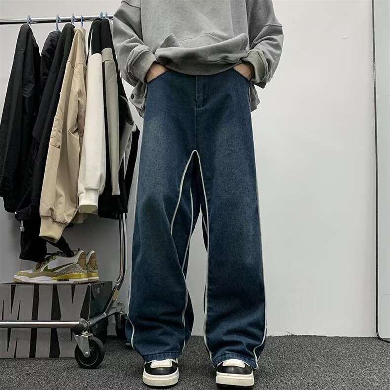 高街牛仔裤男拼条纹韩版个性阔腿美式2024冬季ins长裤RK1263-P58,男装牛仔裤,星座412-2