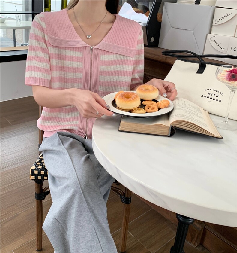 夏季新款简约条纹短袖针织衫女宽松休闲上衣,针织衫/毛衣,伟祺羊绒