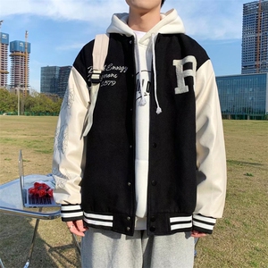港风宽松毛呢刺绣皮袖夹克青少年连帽长袖W1101P62图片