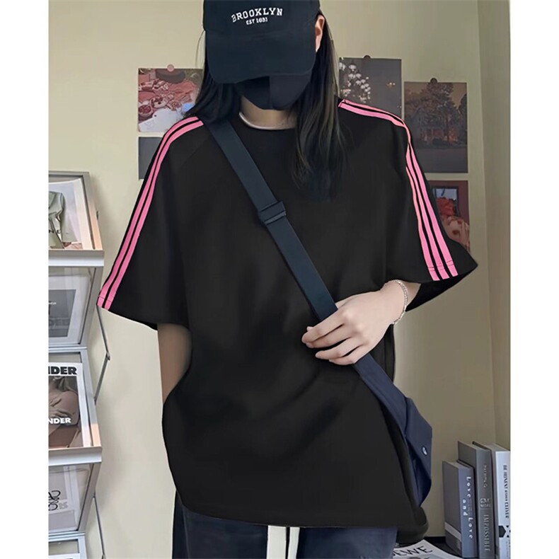 抖音得物品质二开240克宽松纯棉美式潮牌印花三条杠中性风短袖T恤,男装T恤,电商A486