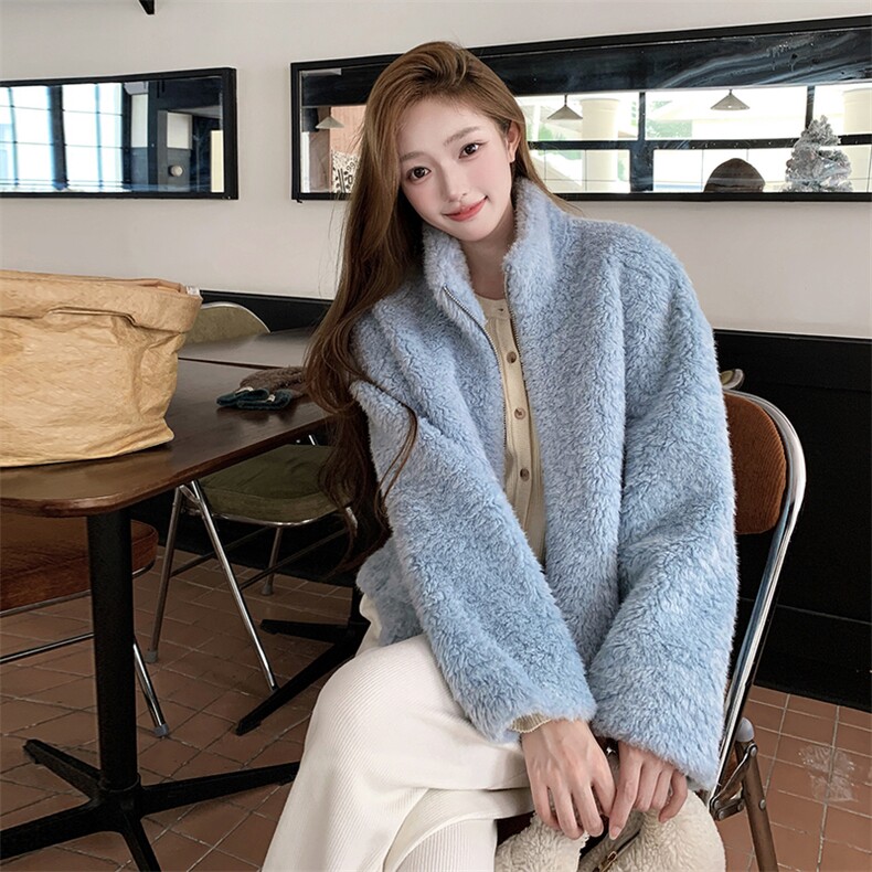 巨好看皮毛一体羊羔毛蓝色外套女秋冬2025新款小个子流行爆款棉服,女装短外套,2C295