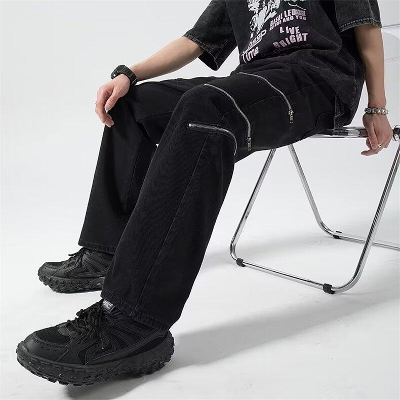 港风春夏款男牛仔裤拉链装饰宽松直筒休闲长裤nk0106P55,男装牛仔裤,星座1013-1