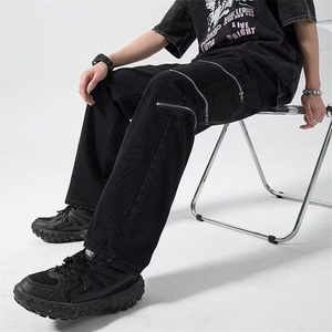 港风春夏款男牛仔裤拉链装饰宽松直筒休闲长裤nk0106 P55图片