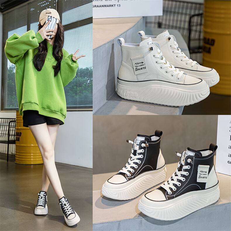 大码女鞋41-43真皮高帮鞋女2023秋季新款厚底高帮小白鞋摇摇鞋，女鞋单鞋，电商A223