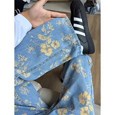 重工满印花卉图案牛仔裤宽松阔腿裤牛仔裤1001-1-FA486-P52，男装牛仔裤，星座1001-1