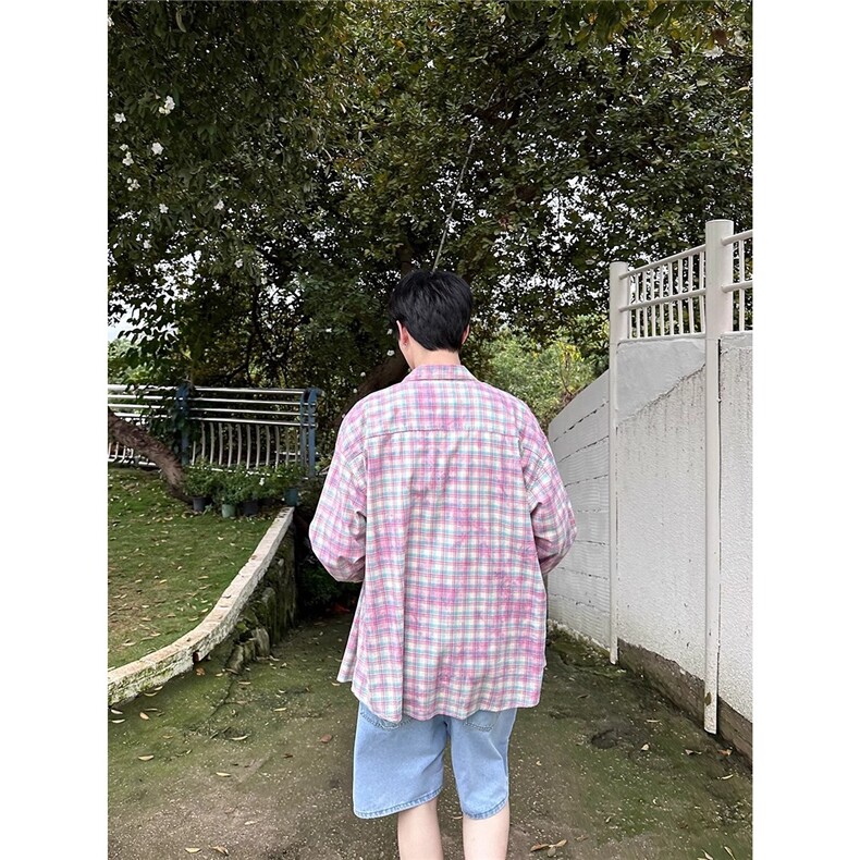 扎染格子长袖衬衫男韩版宽松休闲百搭潮流衬衣外套CSA901-P45,男装衬衫,星座208-5