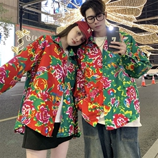 PC203情侣休闲东北大花拼接长袖衬衫外套男女宽松寸衣汉服演出服，男装衬衫，星座115A(原星座507）