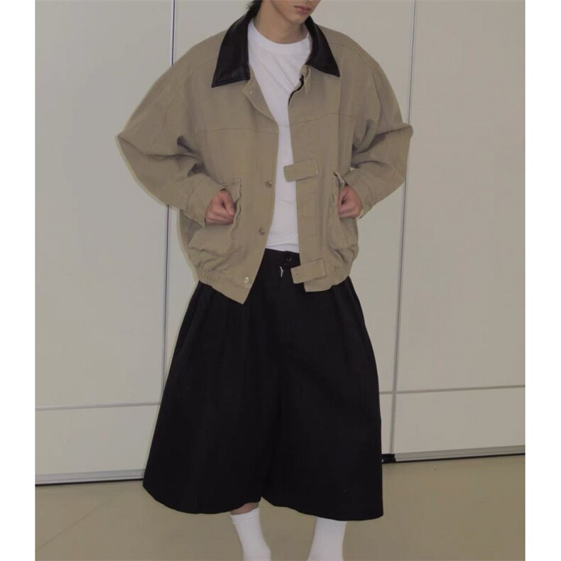 皮衣领cleanfit洗水休闲夹克男美式复古工装高街外套显高JKK32p75,男装皮衣,电商D256