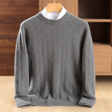 男士圆领羊毛衫男式纯色菱形提花宽松套头毛衣男潮流个性百搭，男装羊毛衫，鹿一羊绒