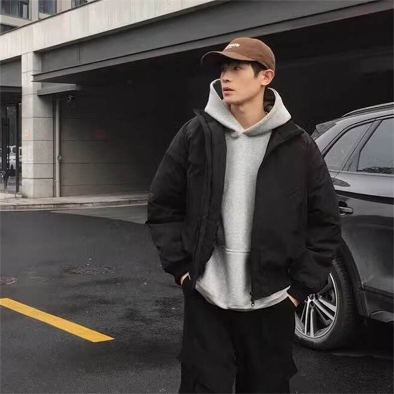 抖音得物 美式潮休闲夹克春季立领纯色复古工装加厚棉服外套AMY02图片