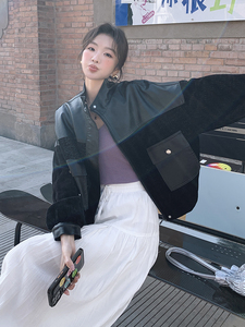 短款皮衣外套女2024秋季新款宽松洋气时尚显瘦休闲百搭拼接皮夹克图片