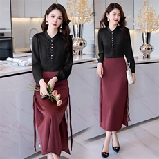 连衣裙包臀裙复古闺舍衬衫女宽松显瘦拼接长袖上衣小个子两件套，女装套装/套裙，时尚俏佳人