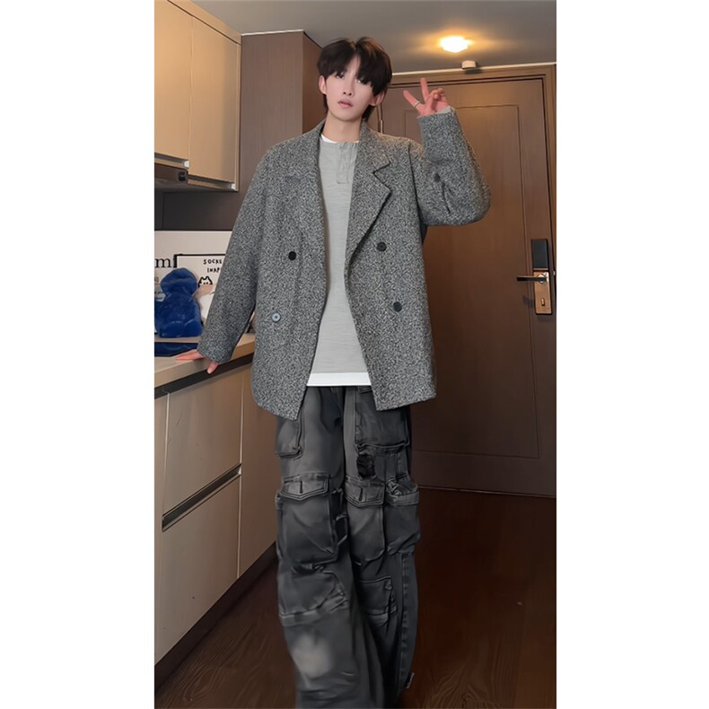 圈圈羊毛呢短款呢大衣双排扣西装领宽松毛呢大衣504-F58-P90控128，男装毛呢大衣，星座504