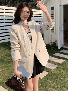 欧洲站2025春季新款时尚百搭V领蕾丝飘带西装外套女上衣图片