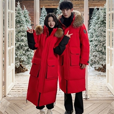 90高绒毛领情侣装长款羽绒服大衣男女青年学生加厚410克羽绒，男装羽绒服，钱塘723