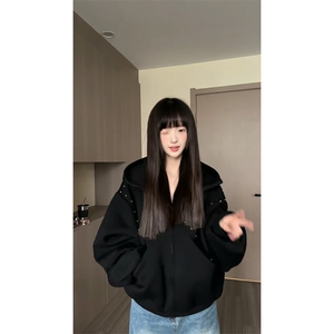 抖音得物高品质 26春装美式高街铆钉杜宾犬耳朵开衫卫衣外套W125图片