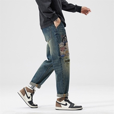 B230档2025秋冬新款美式潮流撞色贴布宽松直筒牛仔裤男9787P100，男装牛仔裤，电商B230