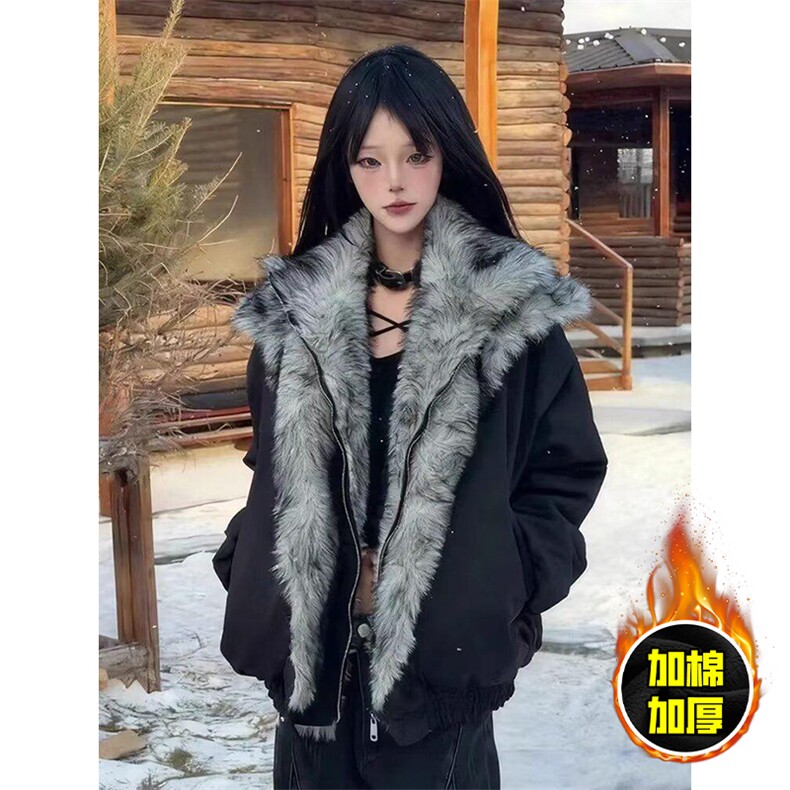 现货高品质美式高街重磅狼王座山雕毛毛领假两件棉衣加厚棉服外套，男装棉衣，电商A486