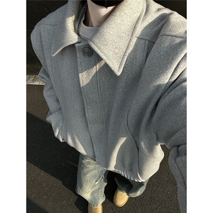 美式复古棉衣外套男秋冬季新款潮牌加厚cleanfit毛呢翻领夹棉夹克图片