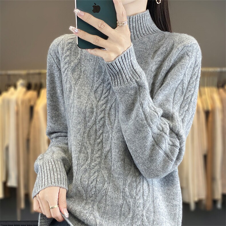 秋冬半高领菱形扭花100%纯羊绒衫女时尚加厚宽松慵懒针织打底上衣,女装羊毛衫,开创羊绒