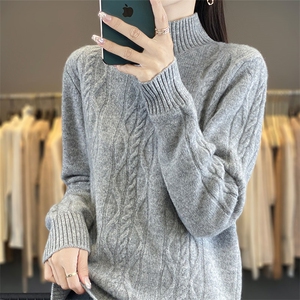 秋冬半高领菱形扭花100%纯羊绒衫女时尚加厚宽松慵懒针织打底上衣图片