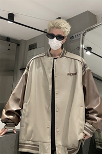 港风 美式复古拼接罗纹pu棒球服情侣皮衣夹克外套男女 G1094 P108图片