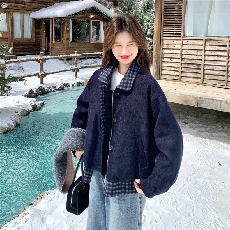 拼接短款外套女冬小个子休闲洋气保暖上衣,女装短外套,2C266