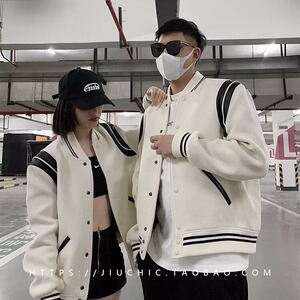 情侣棒球服秋冬美式复古夹克宽松休闲厚款外套男飞行服W6699-P55,白色西装中长款搭配图片