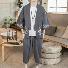 A611P75咖啡厅2024夏装新款七分袖七分裤风绣花汉服套装，男装T恤，电商A026