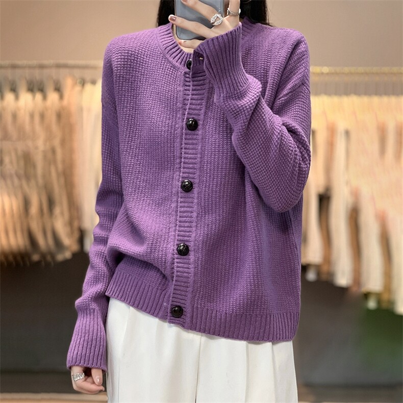 秋冬季新款女百搭显瘦时尚圆领羊毛开衫,女装羊毛衫,温贝羊绒