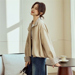 卡其色休闲拼接女士短款风衣外套女小个子气质休闲图片