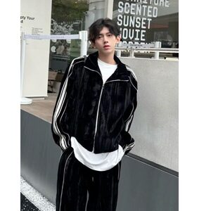 春季丝绒开衫外套两件套男小众拼色条纹设计感休闲网红运动套装潮图片
