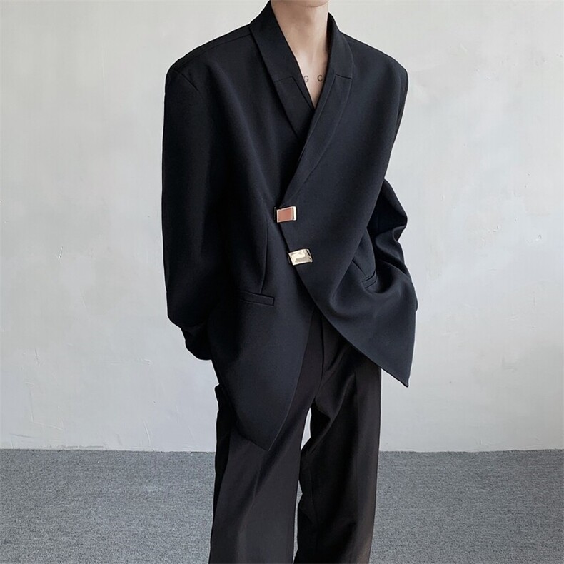 现货25青果领西服设计感金属扣斜门襟小众西装上衣XZ26-P128，男装西服，电商B288