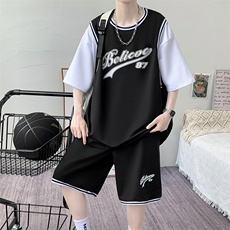 纯棉夏季短袖T恤套装青少年宽松潮流篮球服两件套男装F312P60控89，男装休闲套装，电商A086