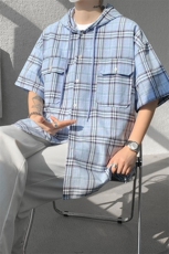 现货T10118-特批42控78活力格子衬衫男女宽松T恤短袖连帽开衫，男装T恤，电商A059