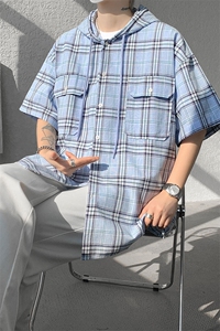 现货 T10118-特批42 控78 活力格子衬衫男女宽松T恤短袖连帽开衫图片