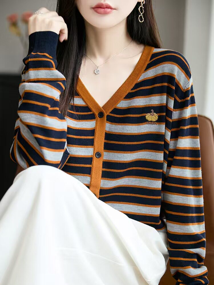 海军领披肩条纹刺绣精纺羊毛开衫女拼色圆领针织毛衣宽松V领外套,针织衫/毛衣,源达羊绒