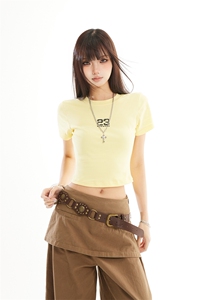 美式正肩露脐装短袖T恤女夏季新款修身甜酷辣妹短款上衣YD268-P30图片