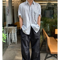 2025新款韩版潮流男士衬衣轻熟风时尚条纹短袖衬衫905P45，男装衬衫，星座710