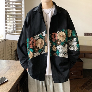 港风长袖衬衣男情侣大码M-5XL中性风刺绣潮长袖衬衫男CS9743P50图片