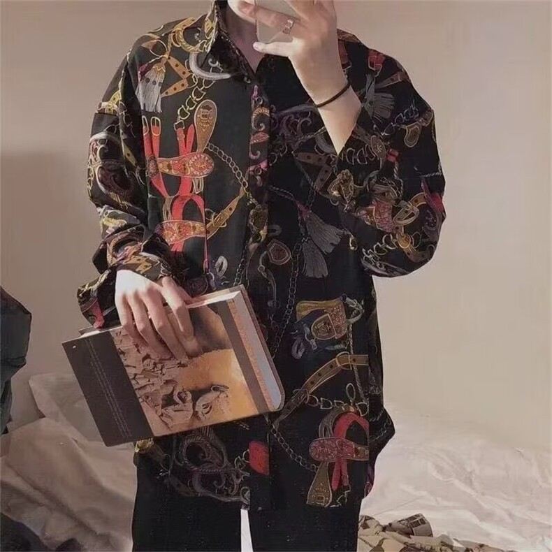 韩ins复古百搭链子印花衬衫男女潮原宿港风宽松长袖日系花衬衣,男装衬衫,星座506A