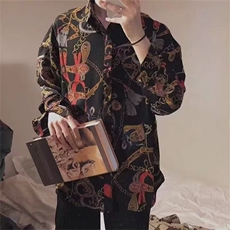 韩ins复古百搭链子印花衬衫男女潮原宿港风宽松长袖日系花衬衣，男装衬衫，星座506A