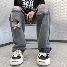 美式高街vibe破洞牛仔裤男女夏季新款直筒阔腿裤子ins潮QN336-p45，男装牛仔裤，星座1008