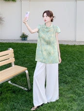 夏季复古风两件套宽松型印花透气时尚潮流，女装套装/套裙，诺蝶