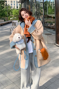 撞色拼接连帽羊羔毛外套女2025冬季新款韩系学院风小个子加厚棉服图片